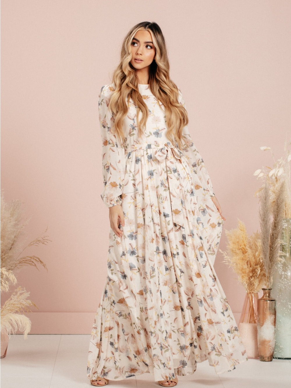 Long Floral Tie-Waist Maxi Dress in Cream